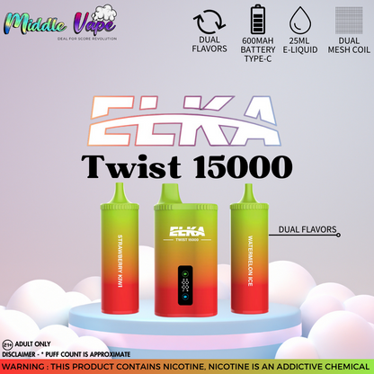 ELKA Twist 15000 Disposable Vape Strawberry Kiwi/Watermelon Ice